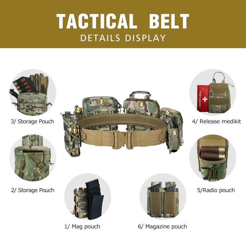 PIKEON Tactical Belt Battle Law Enforcement Molle Airsoft Duty Belt Quick-Release with Pouches 8 in 1 (CAMOU) - Image 4